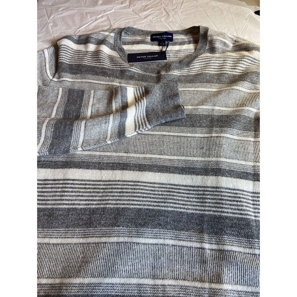Peter Millar Gry/Wht Striped Lightweight Golf Linen & Merino Wool Sweater-L-NWT